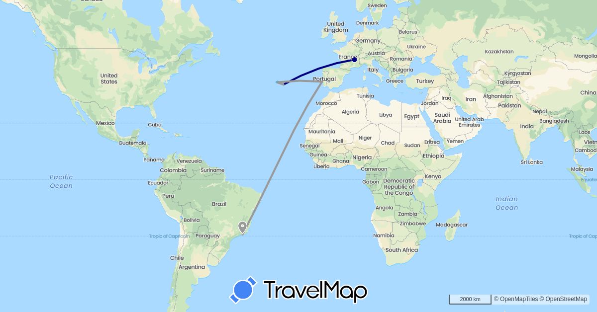 TravelMap itinerary: driving, plane, boat in Brazil, France, Portugal (Europe, South America)
